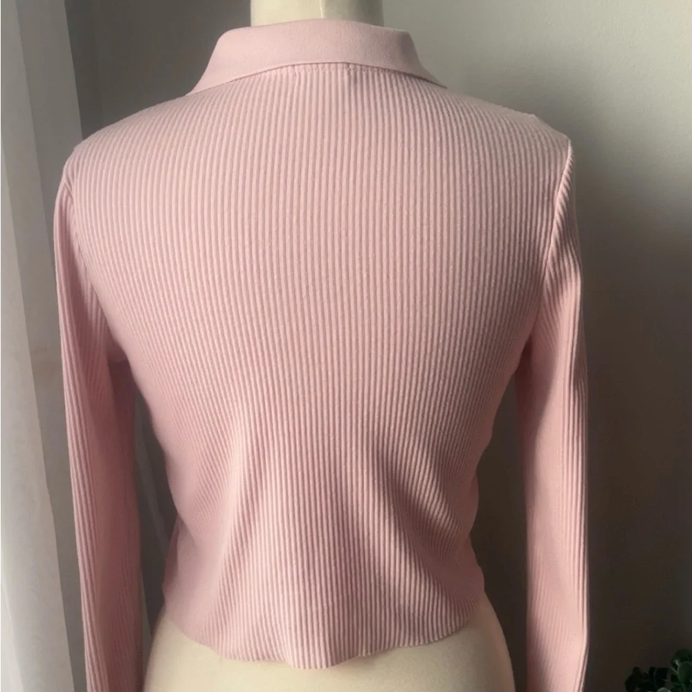 Pink Ribbed Button-Front Long Sleeve Top - Picture 4 of 5